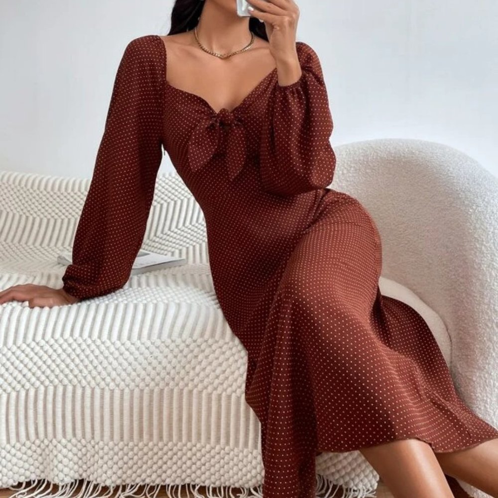 SHEIN Brown Polka Dot Midi Dress with Tie Front